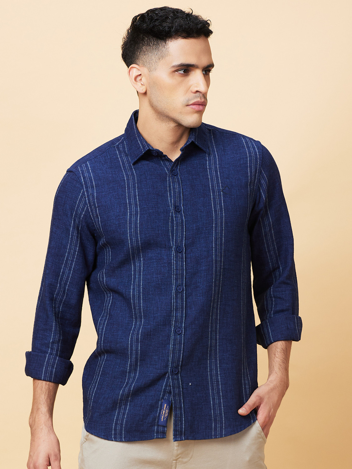 Image of BEING HUMAN Men Striped Casual Dark Blue Shirt