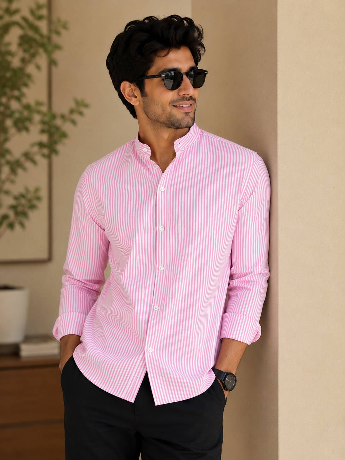 ManlyAttire Men Regular Fit Striped Mandarin Collar Casual Shirt