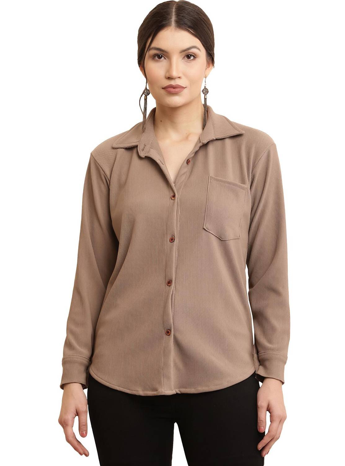 CLUBBORN Women Solid Casual Brown Shirt