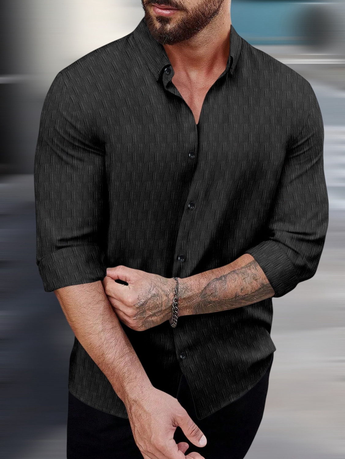 Image of VELLOSTA Men Self Design Casual Black Shirt