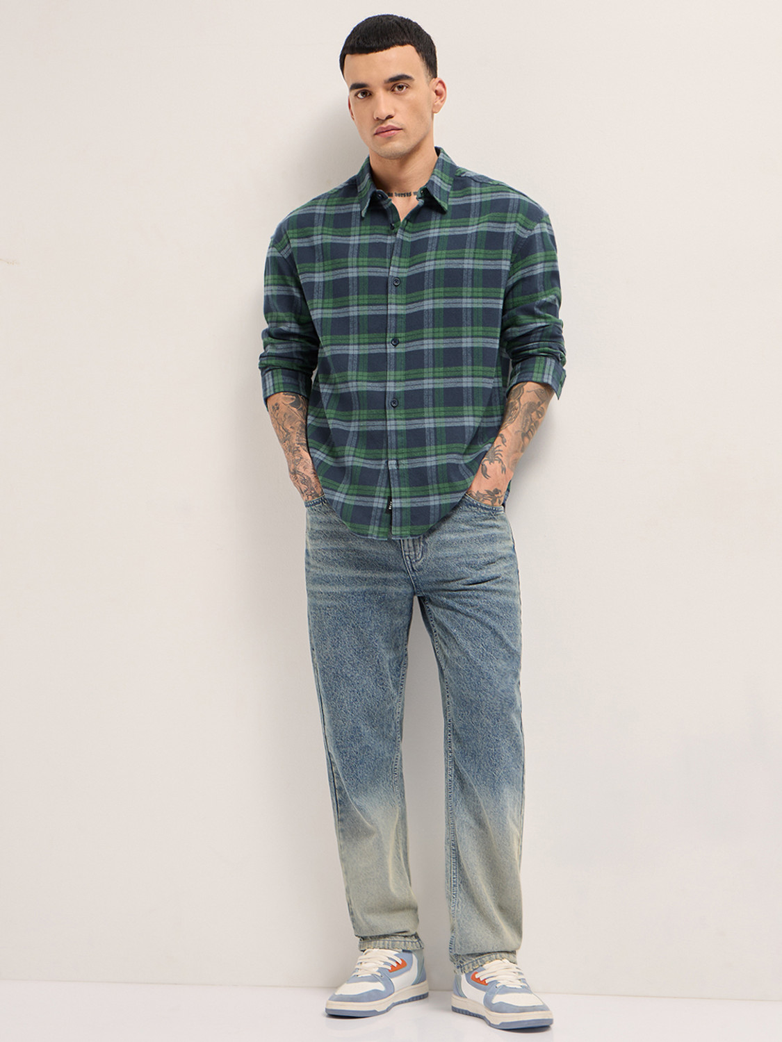 Image of THE BEAR HOUSE Men Checkered Casual Blue Shirt