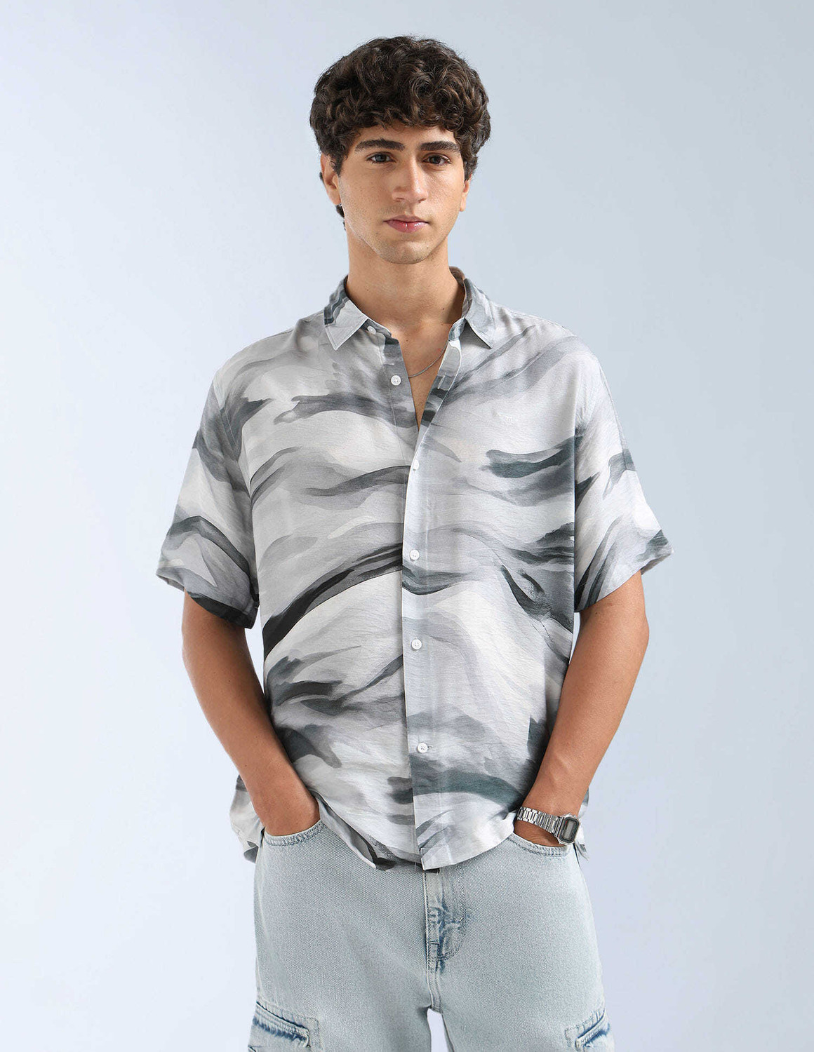 Image of FLYING MACHINE Men Printed Casual Grey Shirt
