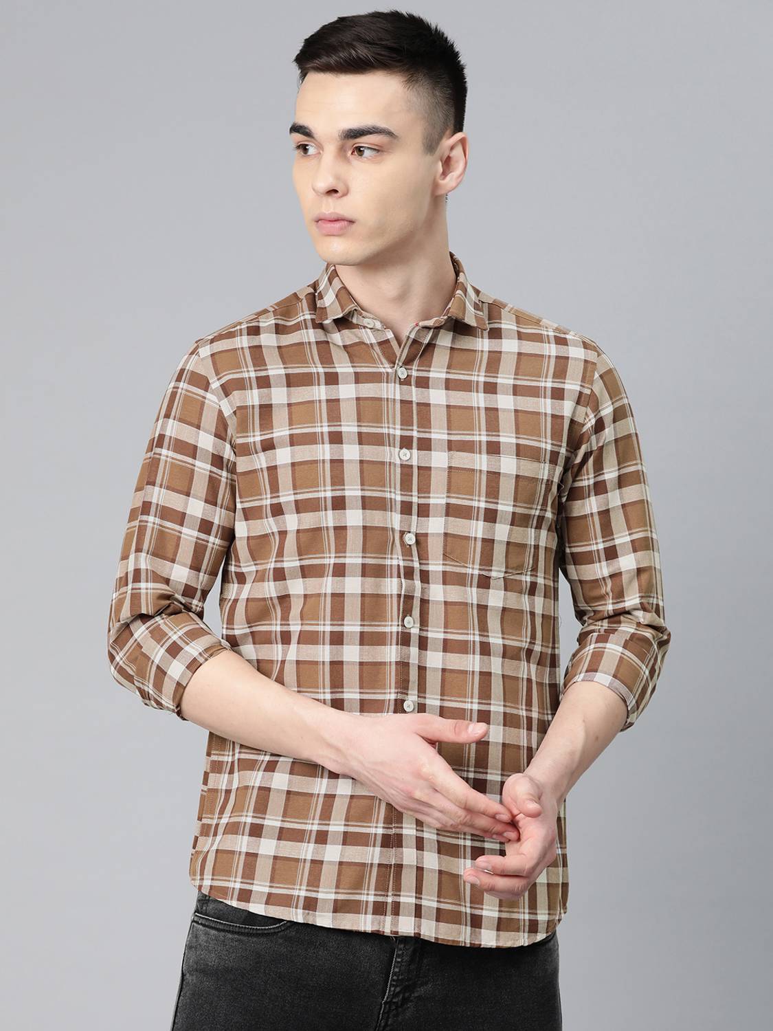 5TH ANFOLD Men Checkered Casual Brown Shirt