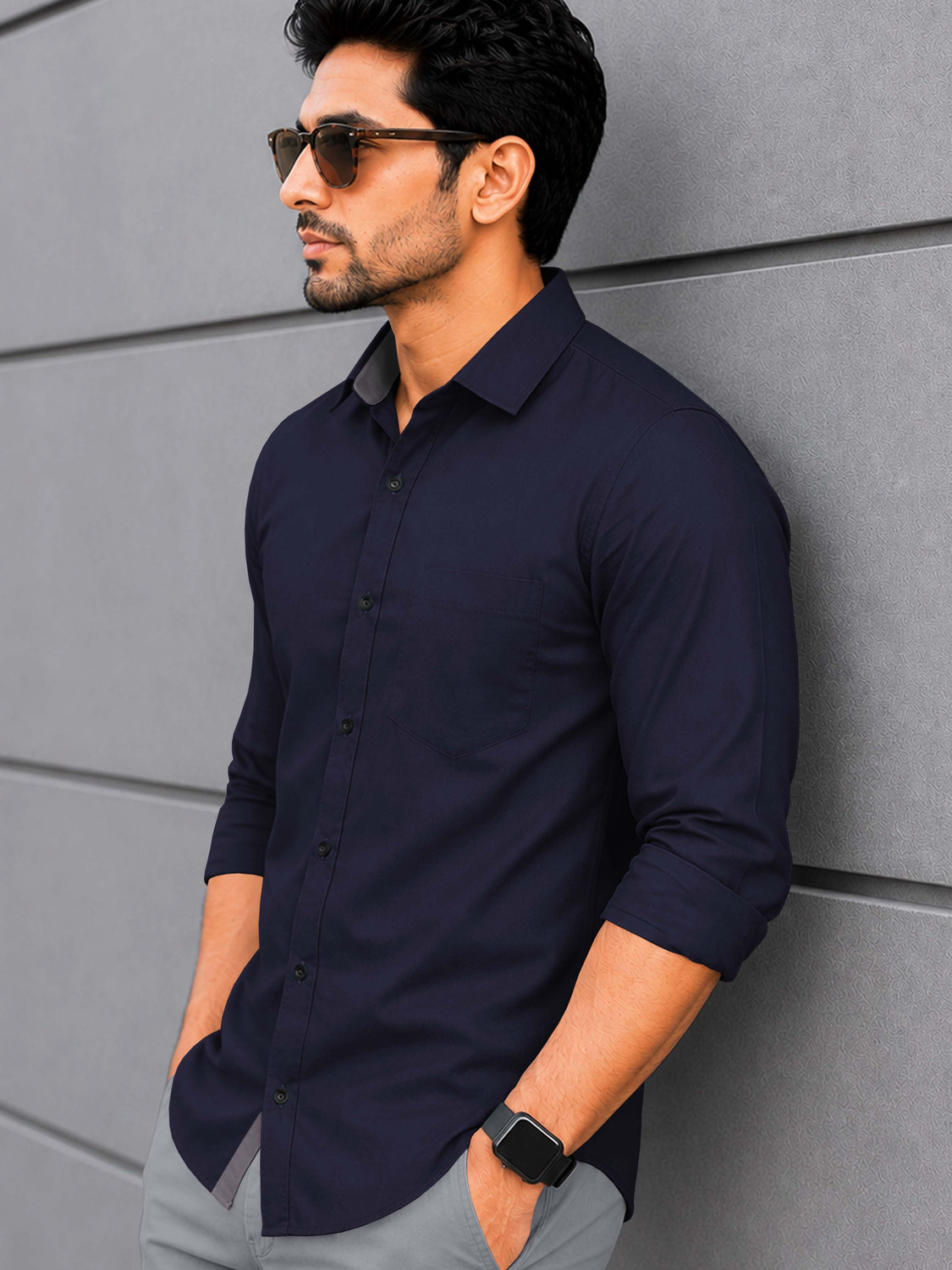 Image of VeBNoR Men Solid Casual Dark Blue Shirt