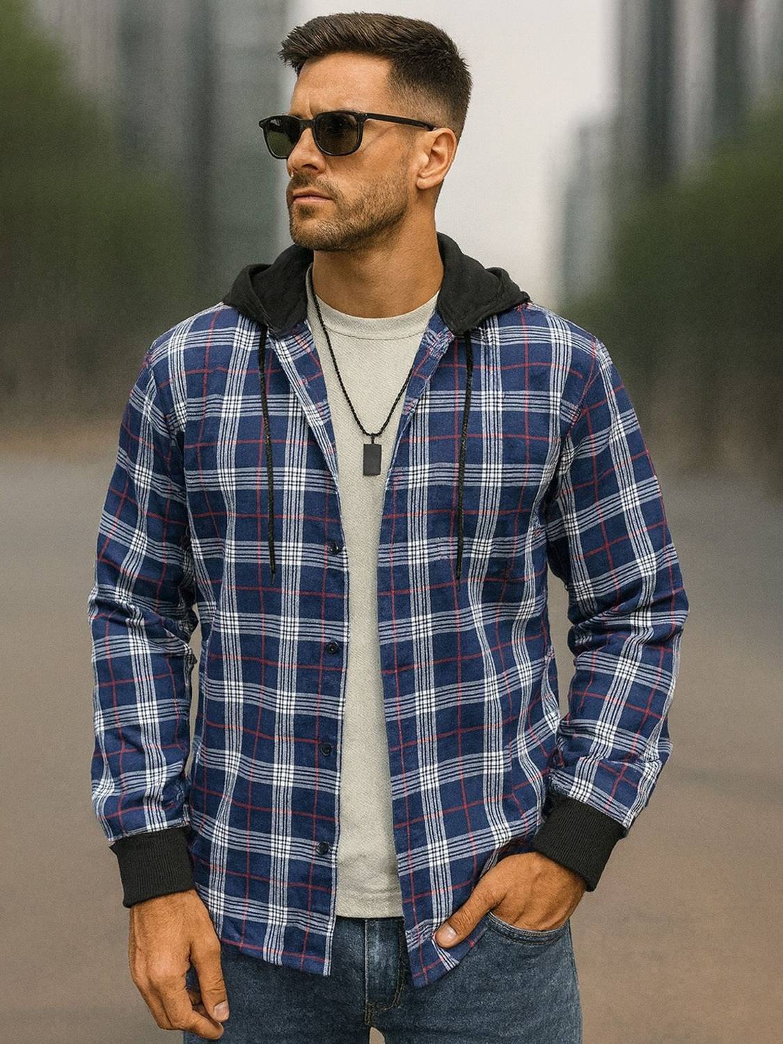 EyeBogler Men Regular Fit Checkered Hood Collar Casual Shirt