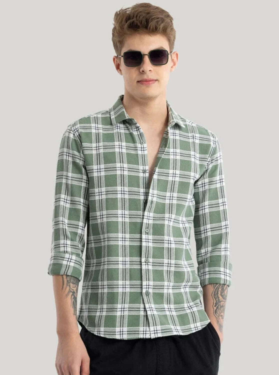 Image of METRONAUT Men Checkered Casual Green Shirt
