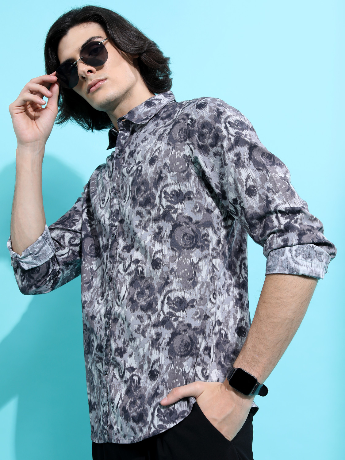 Image of HIGHLANDER Men Printed Casual Grey, White, Blue Shirt