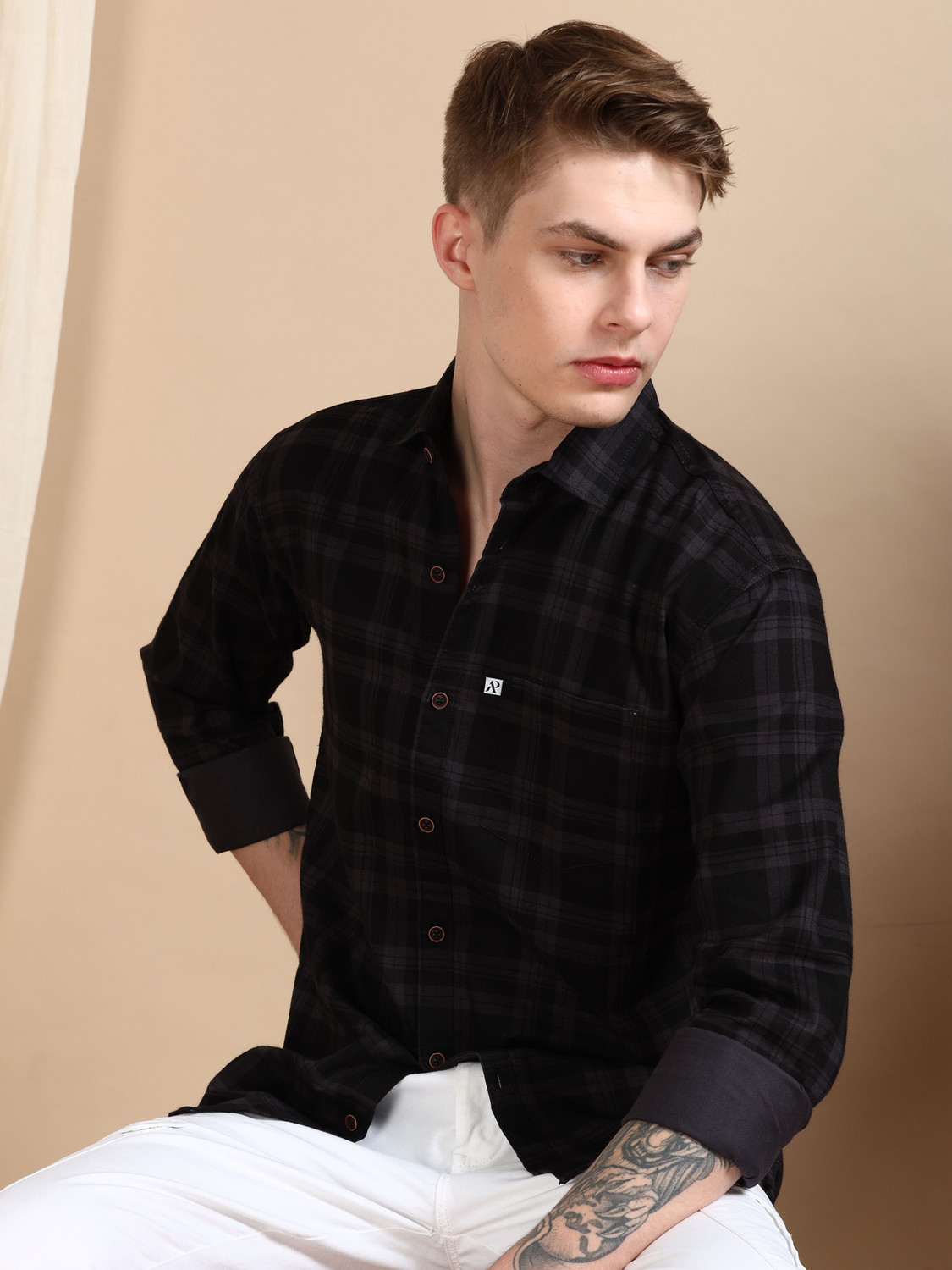Image of ALLWIN PAUL Men Checkered Casual Black Shirt