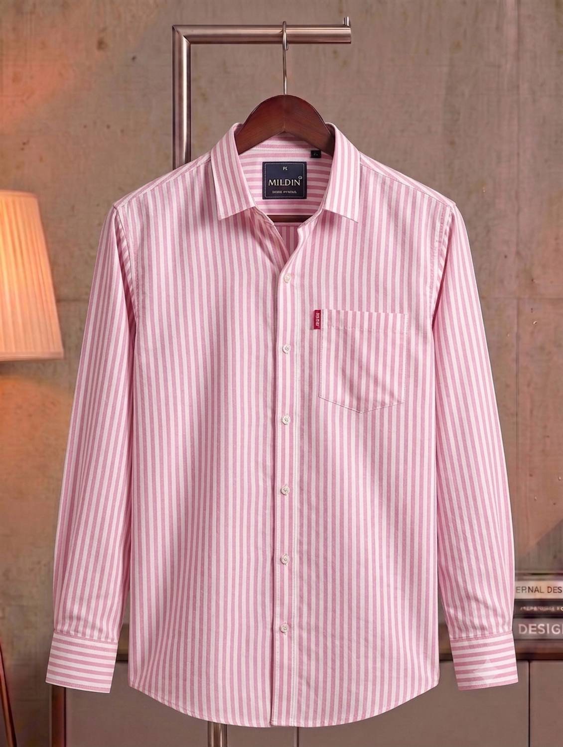MILDIN Men Striped Formal White, Pink Shirt