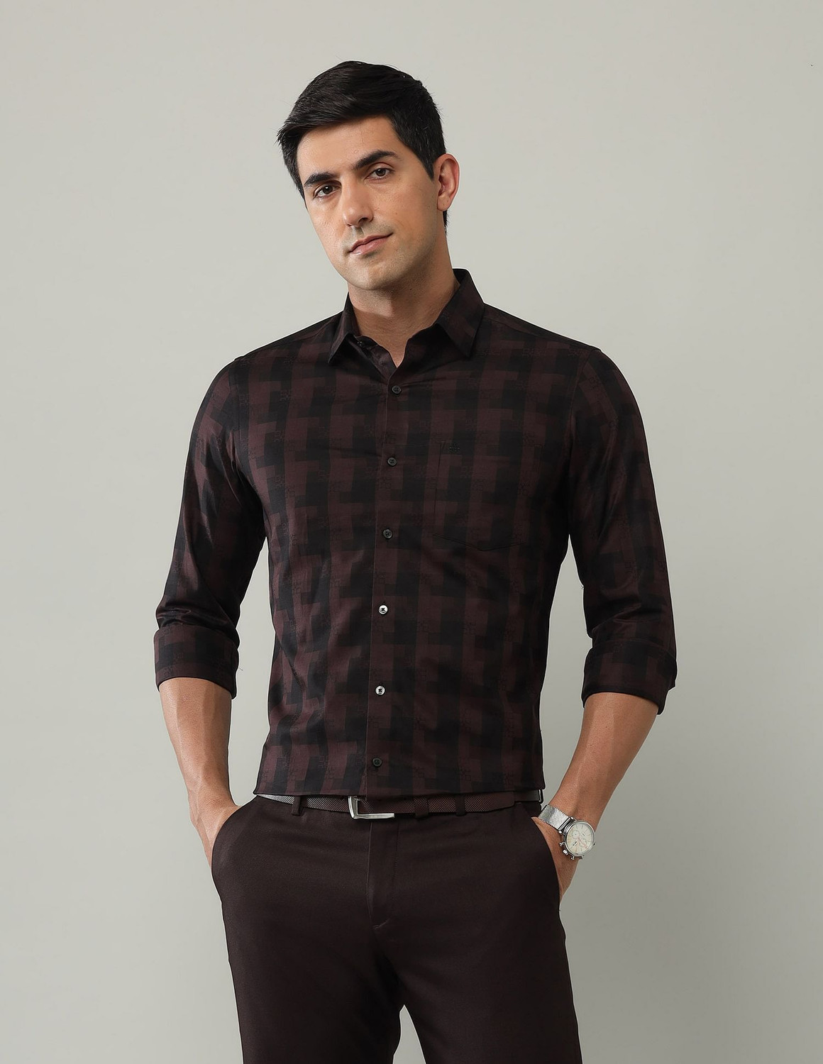 Image of ARROW Men Checkered Formal Brown Shirt