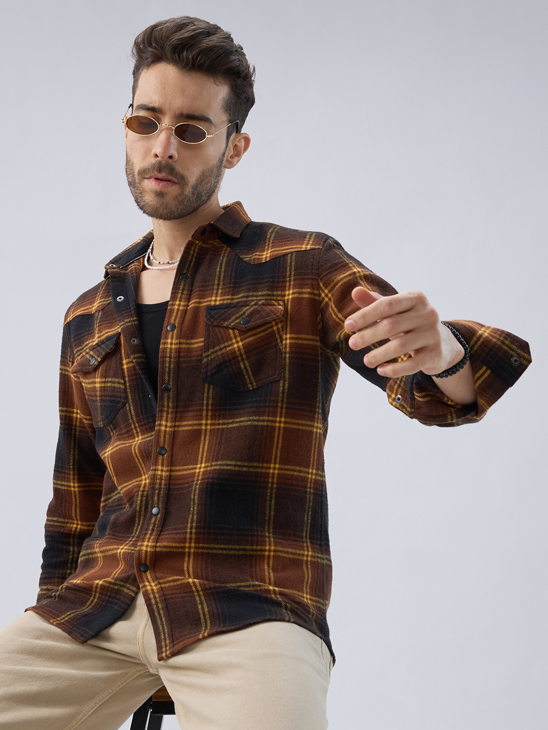 Image of VASTRADO Men Checkered Casual Brown Shirt