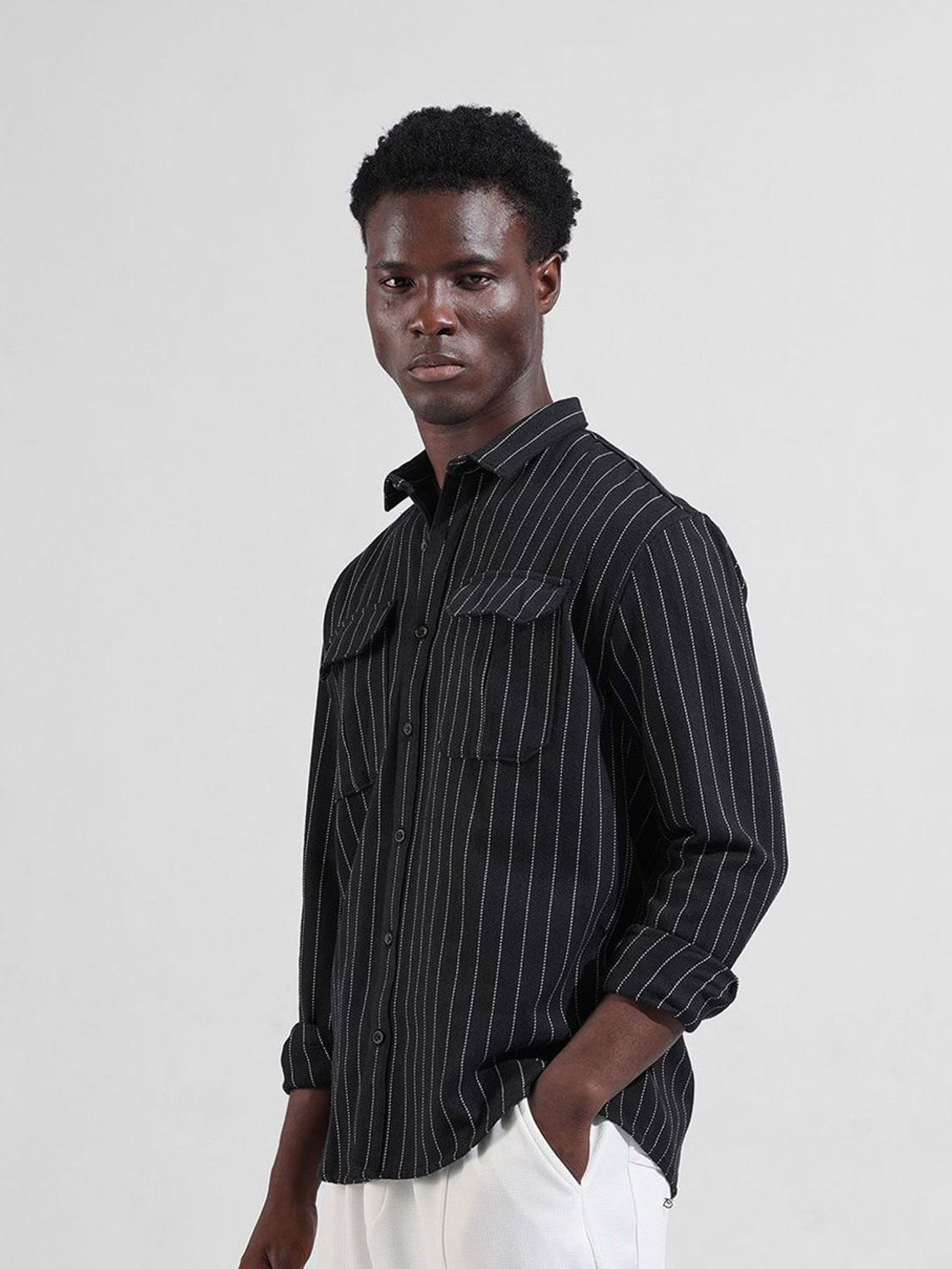 Image of The Indian Garage Co. Men Striped Casual Black Shirt