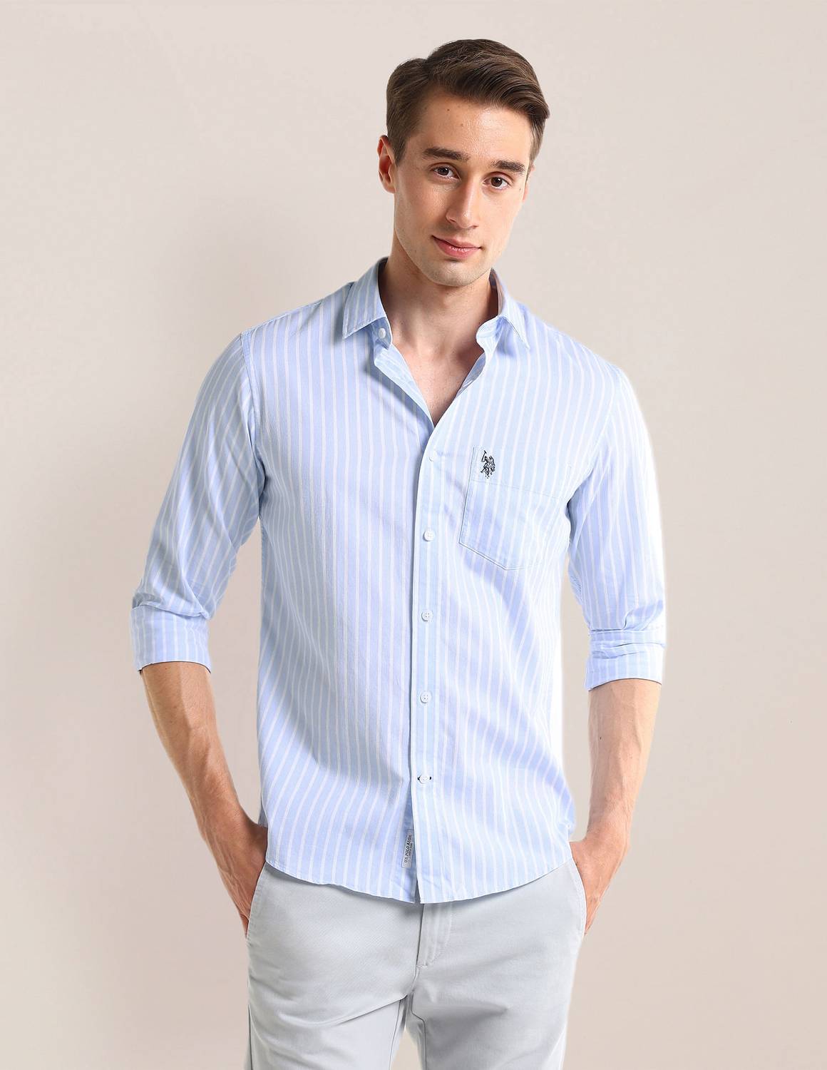 U.S. Polo Assn. USSHT2278 LT. BLUE Mens Shirt, Blue (46)
