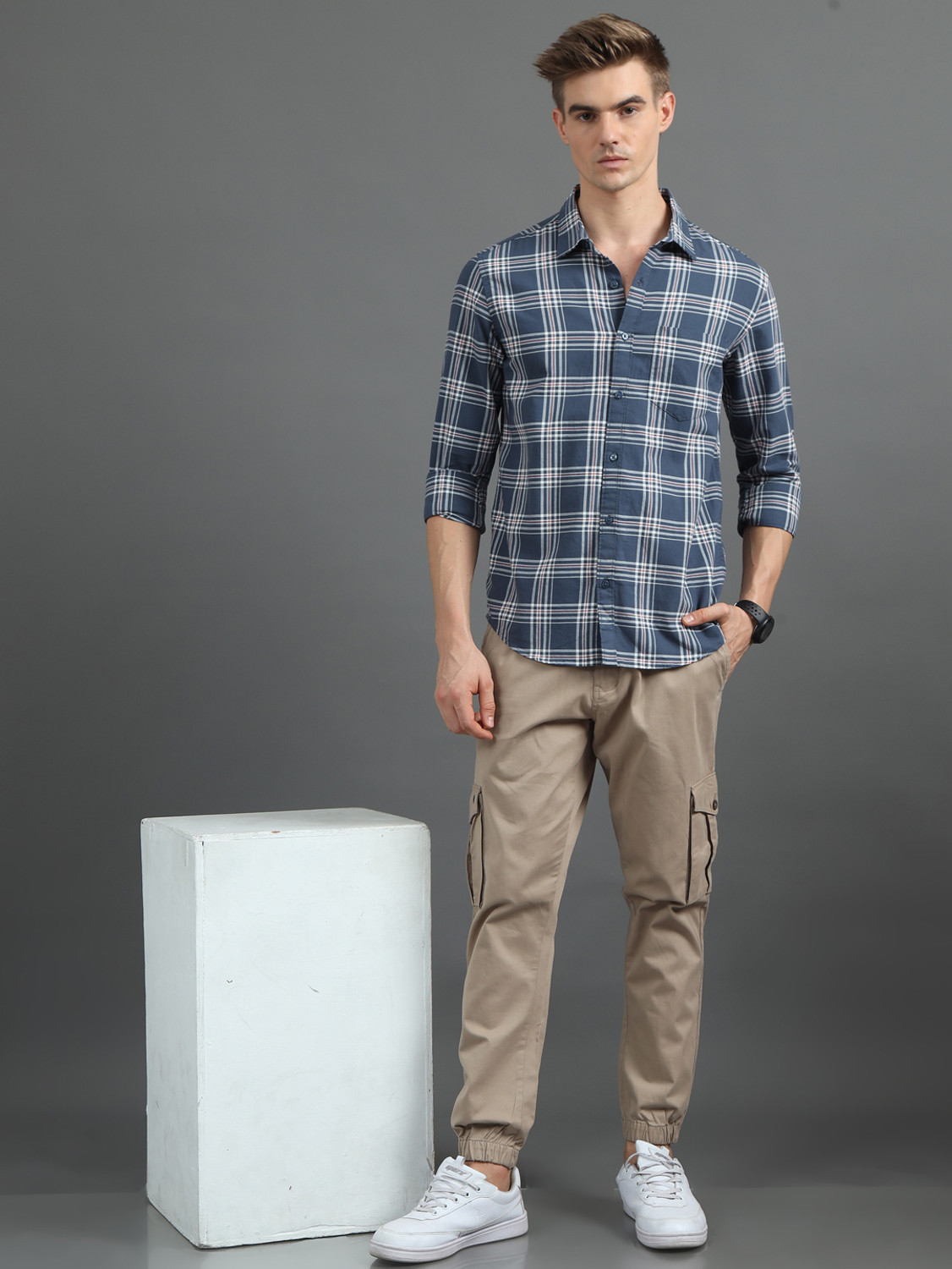 Image of Bushirt Men Checkered Casual Grey Shirt