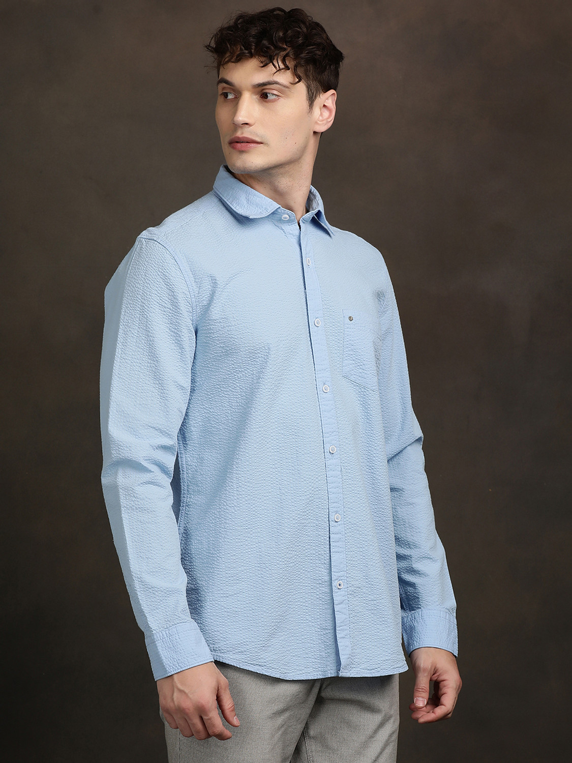 Image of TURTLE Men Solid Casual Light Blue Shirt
