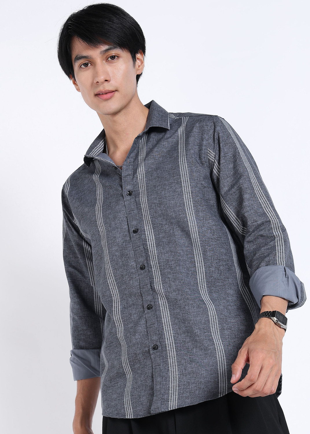 Image of RODEIZ Men Striped Casual Grey Shirt
