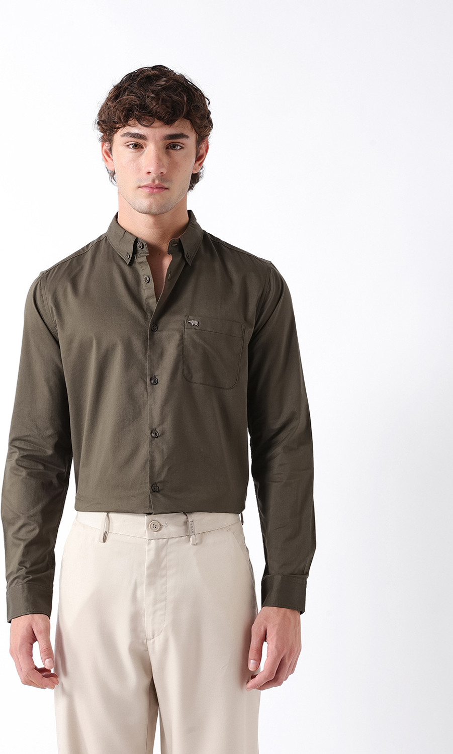 Image of THE BEAR HOUSE Men Solid Casual Green Shirt