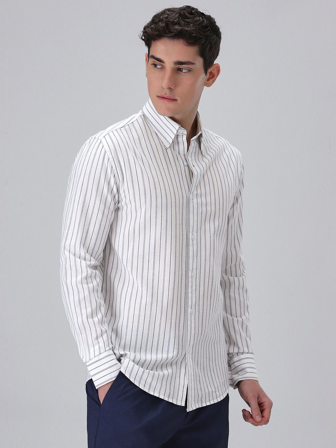 Image of Banana Club Men Striped Formal White Shirt