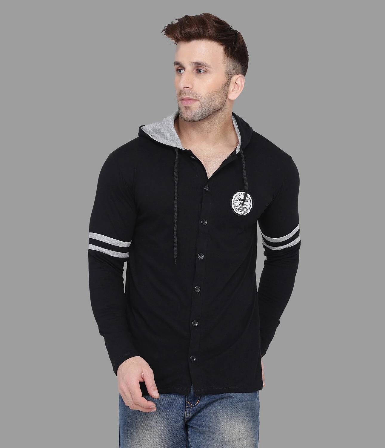 GEUM Men Regular Fit Color Block Hood Collar Casual Shirt