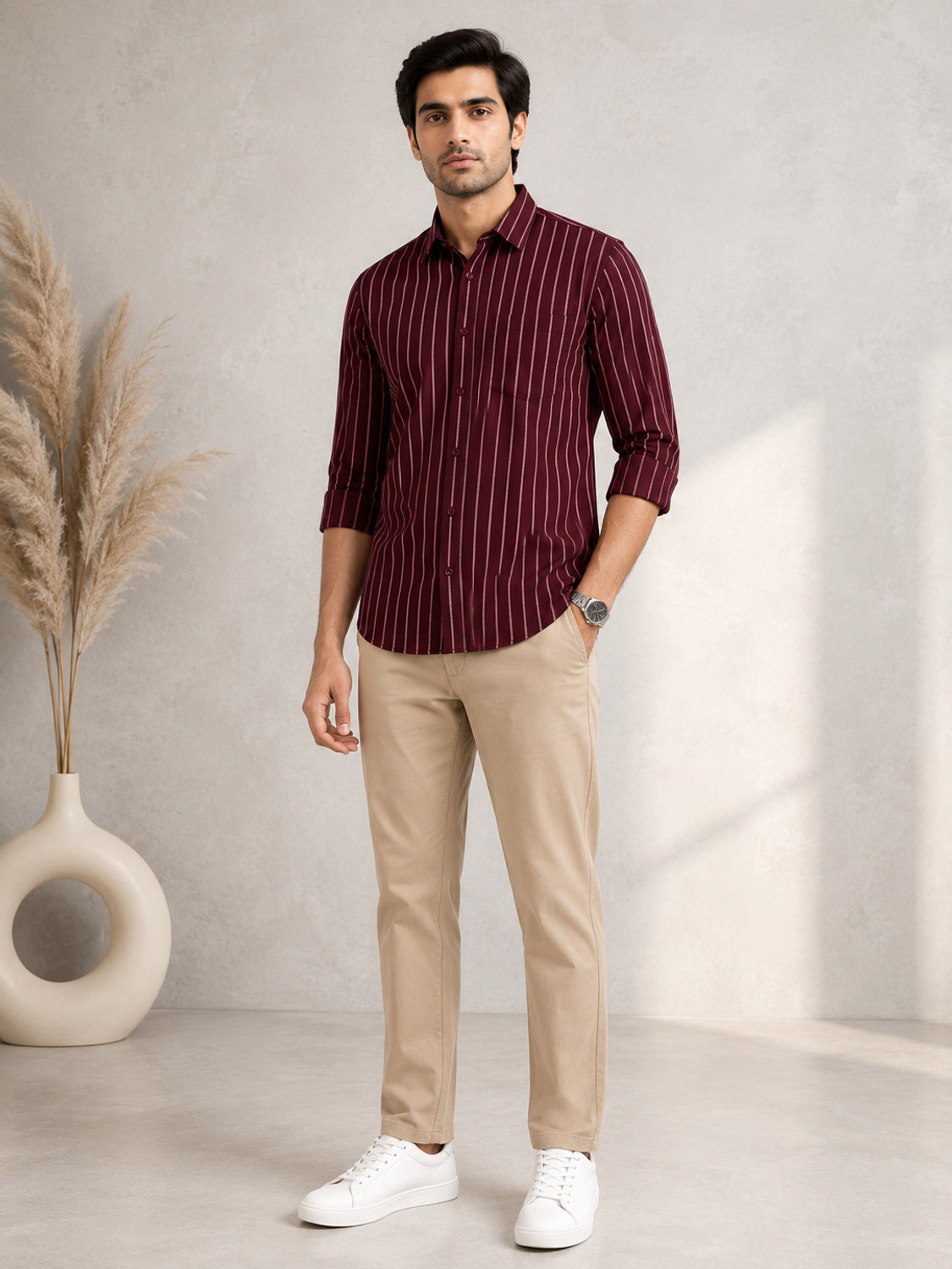 Image of FUBAR Men Striped Casual Maroon Shirt