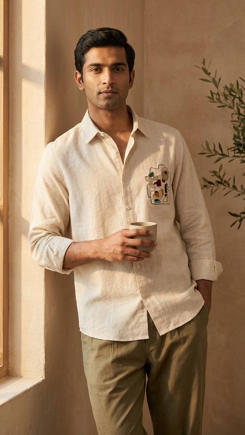 Kesar Men Beige Embroidered Casual Shirt - Image 2
