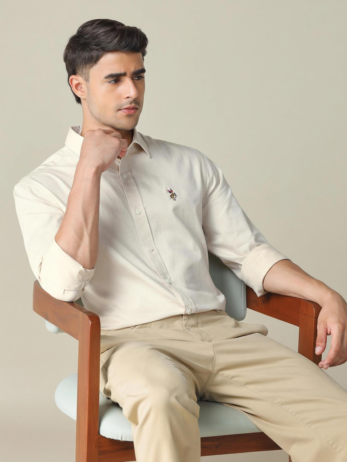 Image of U.S. POLO ASSN. Men Solid Casual Beige Shirt