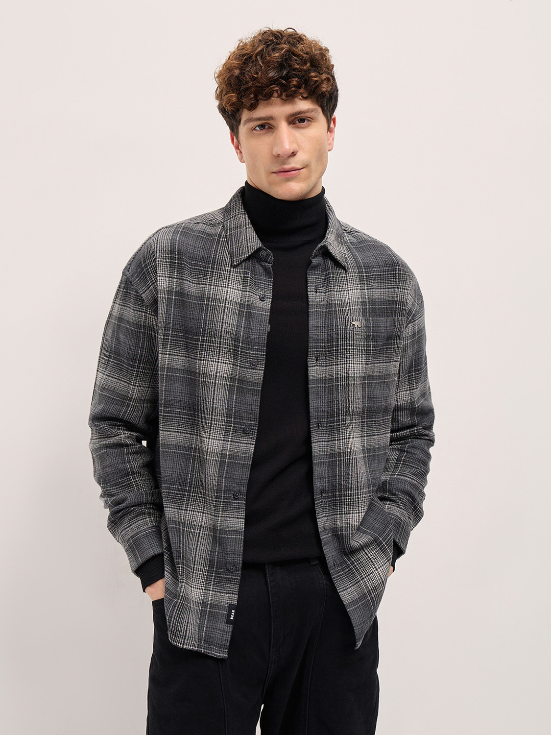 Image of THE BEAR HOUSE Men Checkered Casual Black Shirt