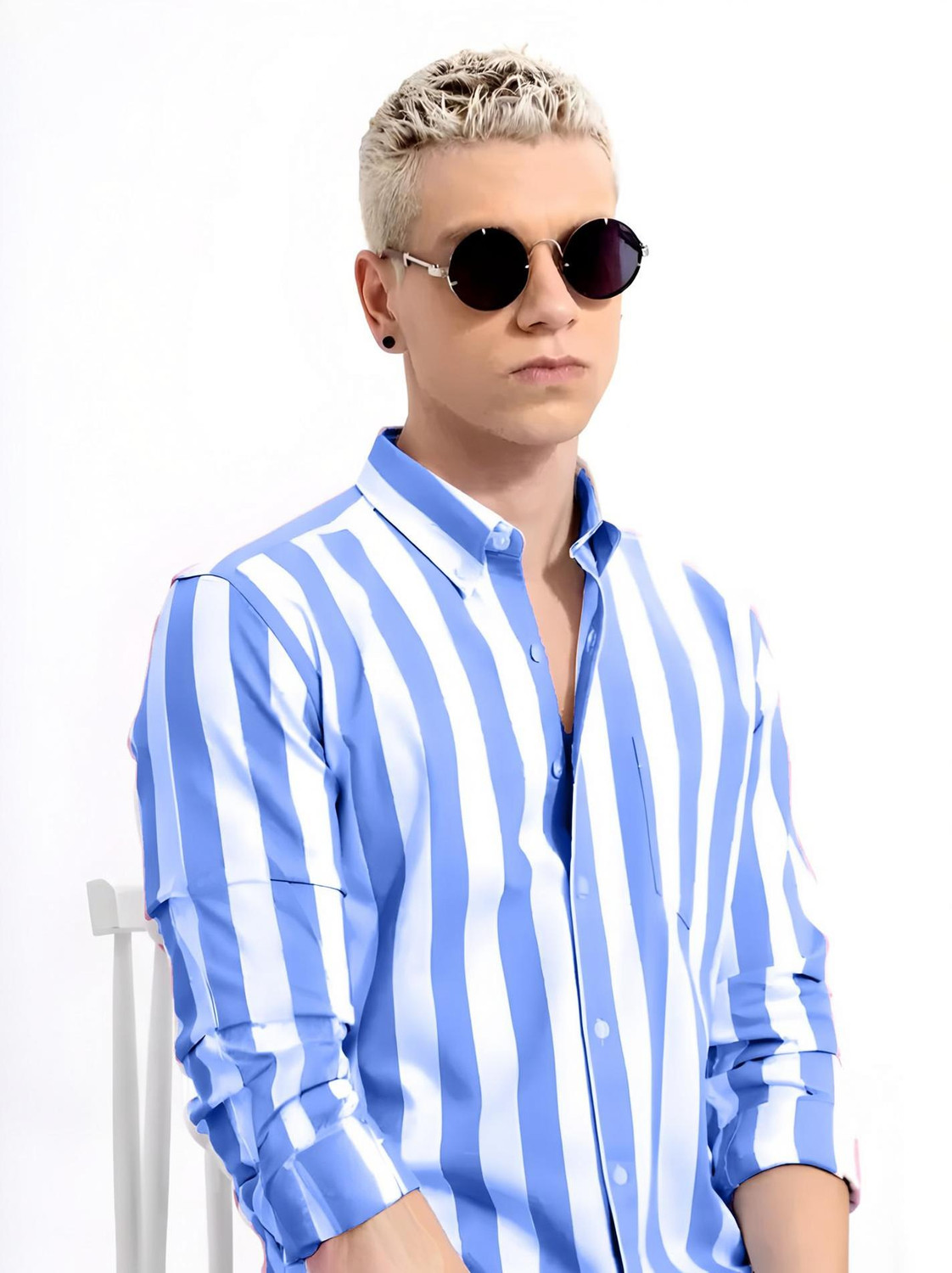 Image of RODEIZ Men Striped Casual Blue Shirt