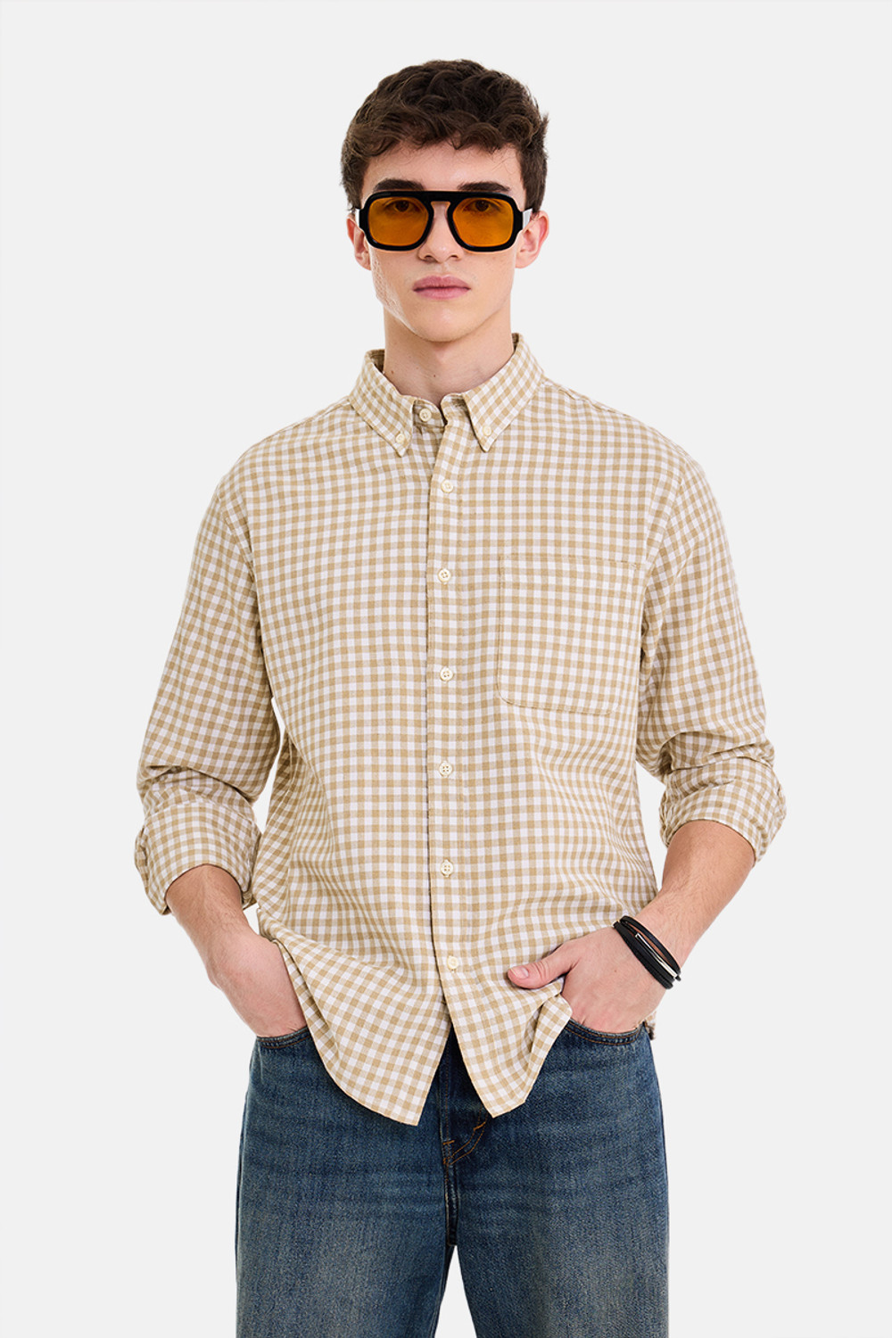 Image of Snitch Men Checkered Casual Beige Shirt