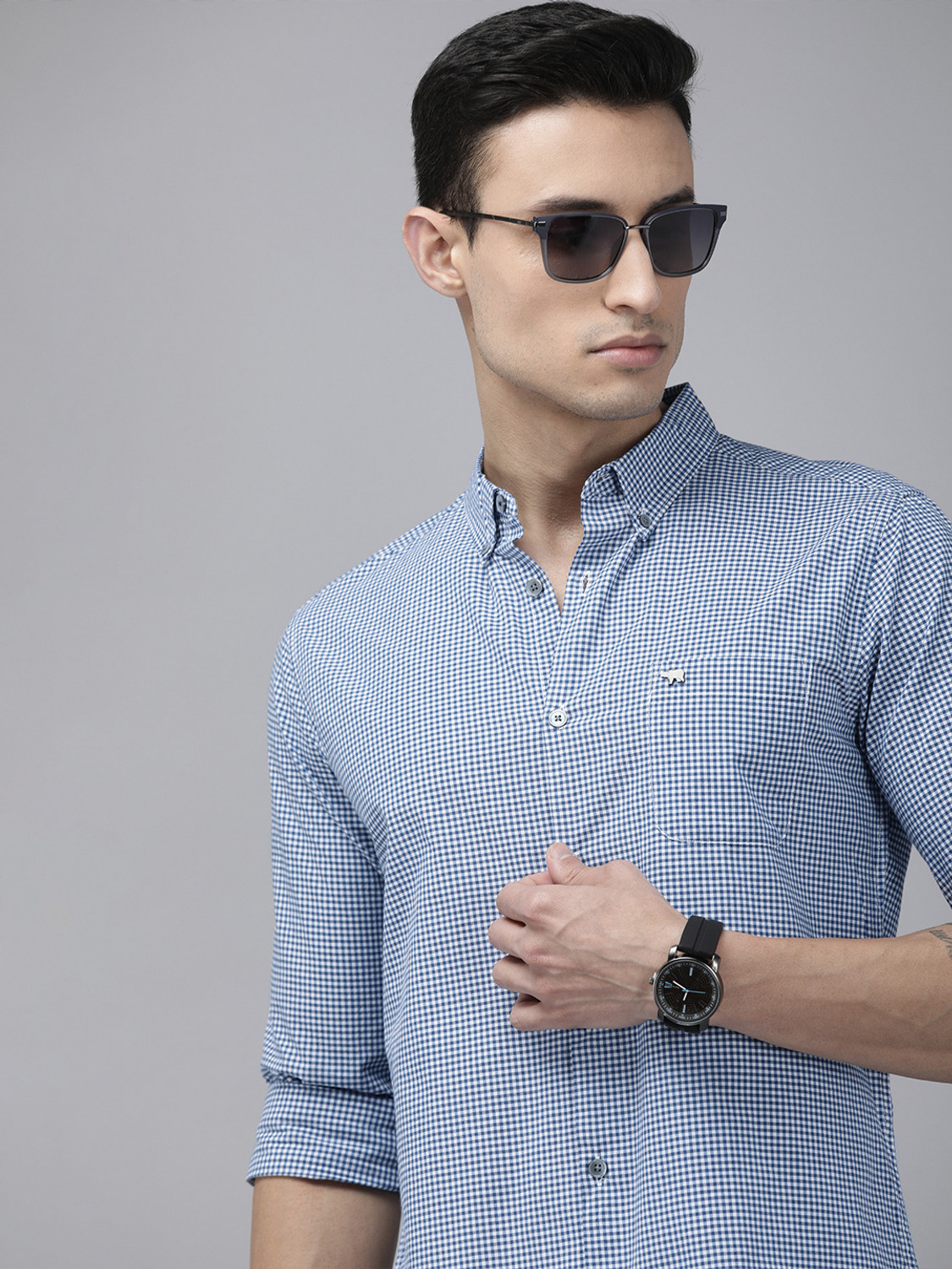Image of THE BEAR HOUSE Men Checkered Casual Blue, White Shirt