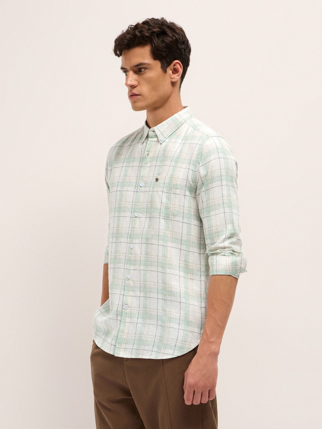 Image of THE BEAR HOUSE Men Checkered Casual Cream Shirt