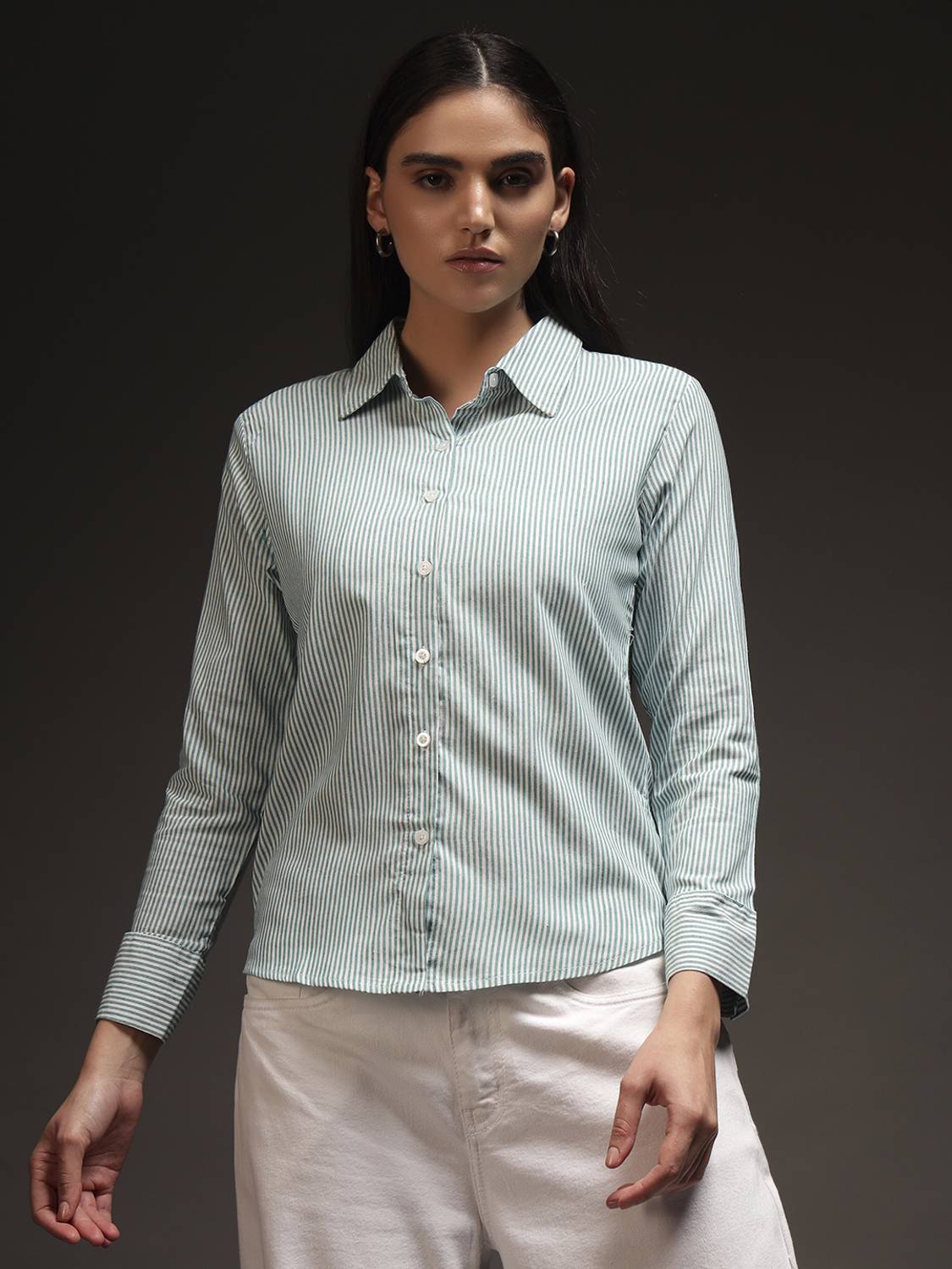 BNS Women Striped Casual Green Shirt