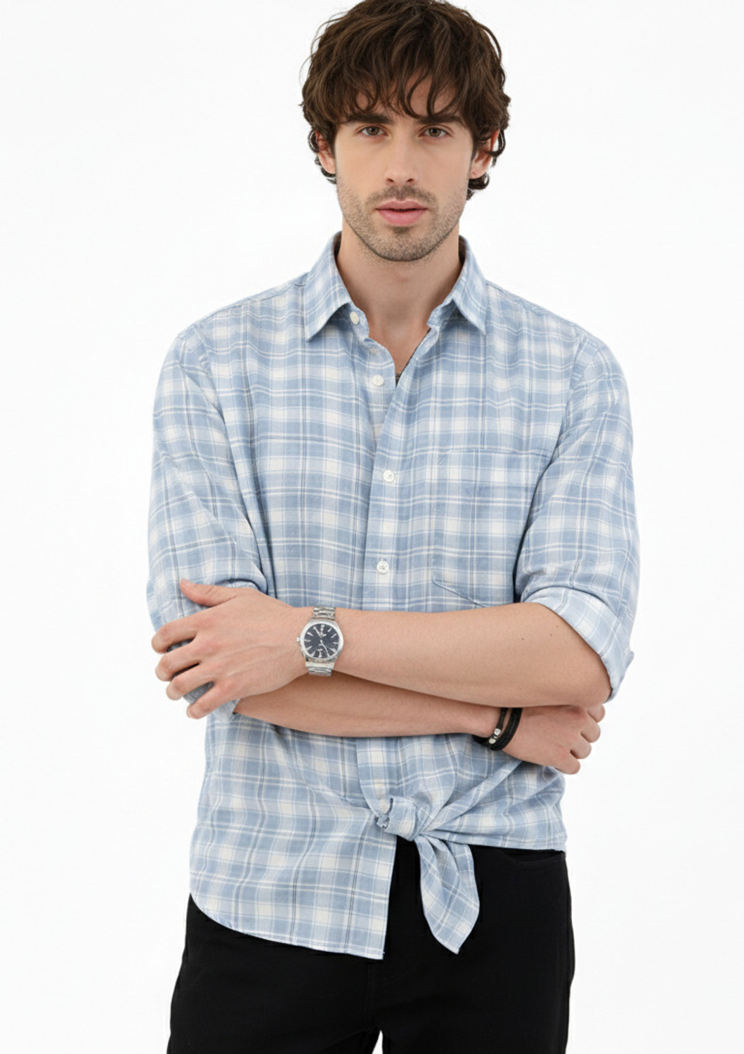 Image of Roadster Men Checkered Casual Light Blue Shirt
