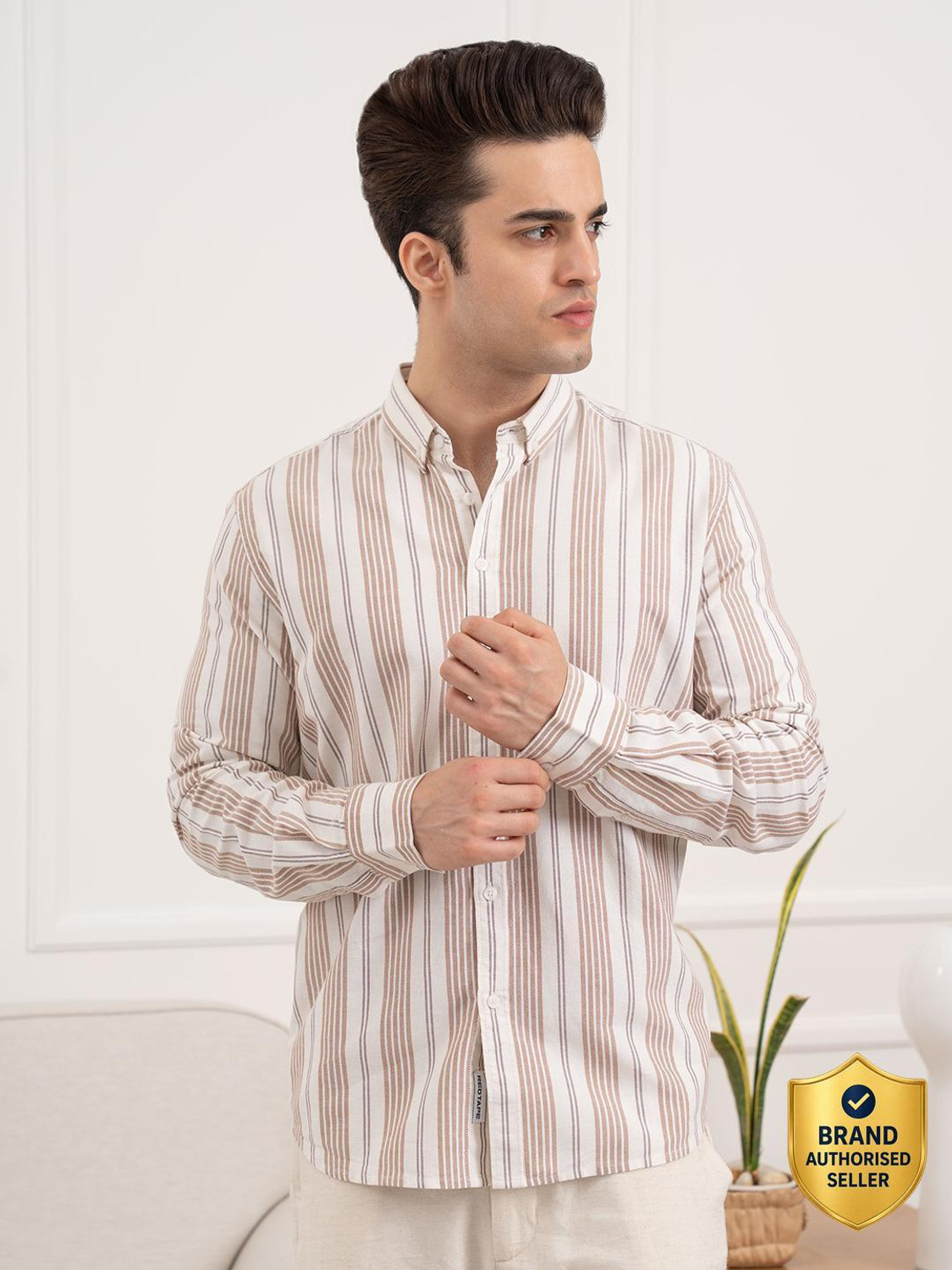 Image of RED TAPE Men Striped Casual Brown Shirt