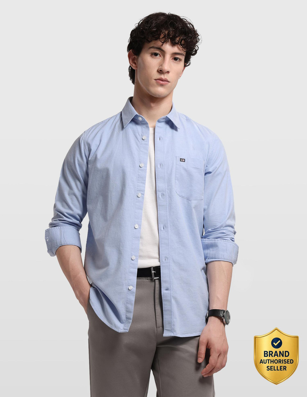 Image of Arrow Sport Men Solid Casual Blue Shirt