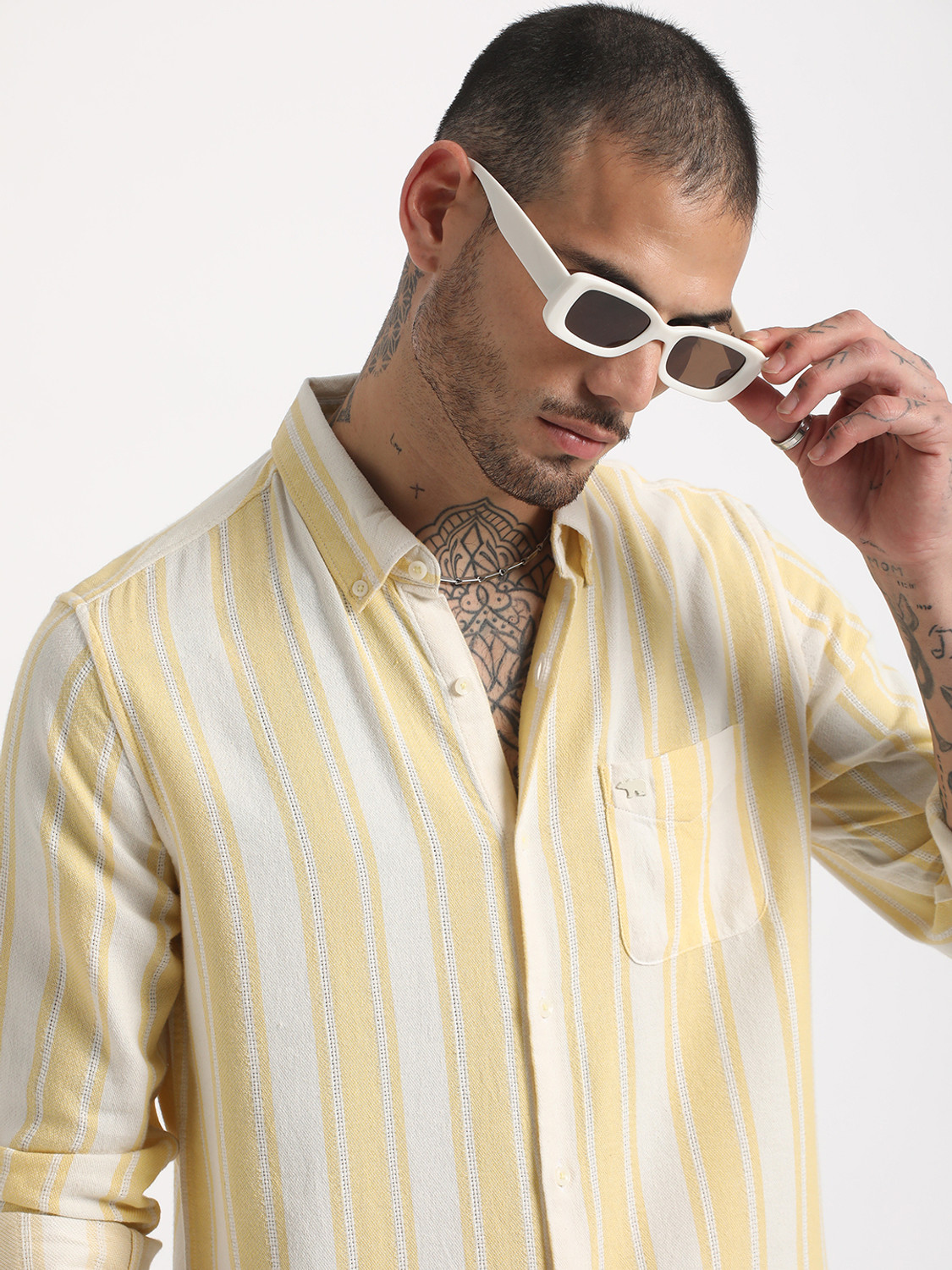Image of THE BEAR HOUSE Men Striped Casual Yellow, White Shirt