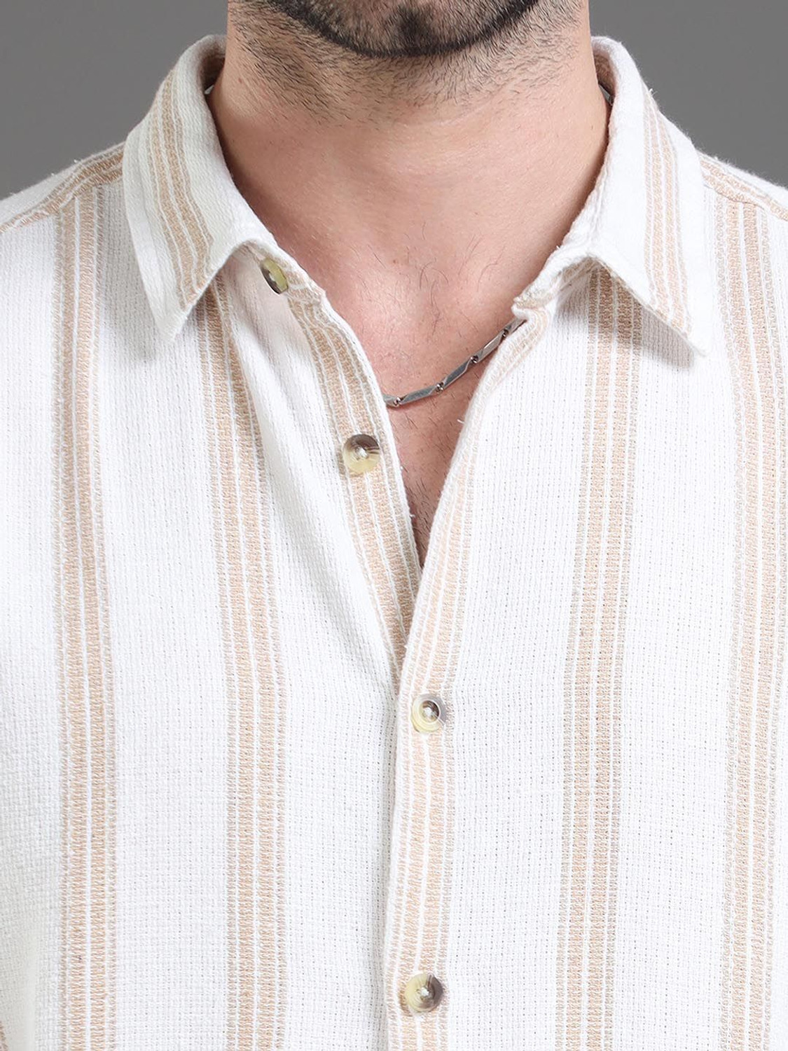 Image of HERE&NOW Men Striped Casual Cream Shirt