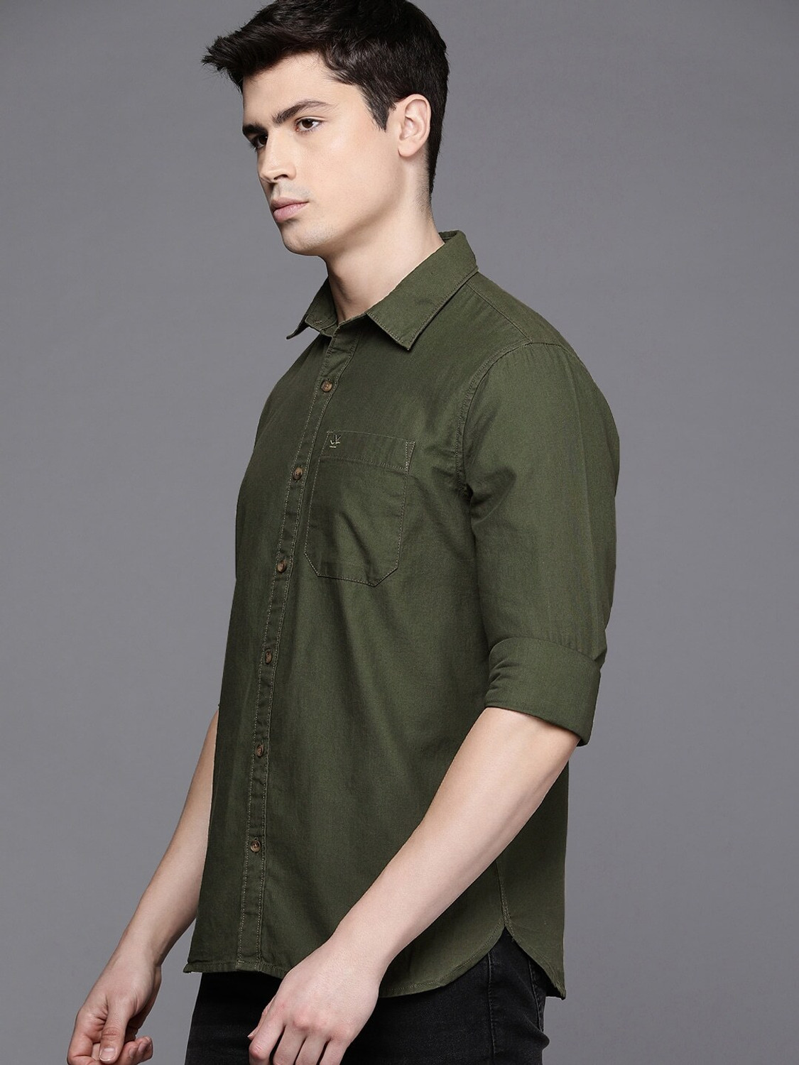 Image of WROGN Men Solid Casual Dark Green Shirt