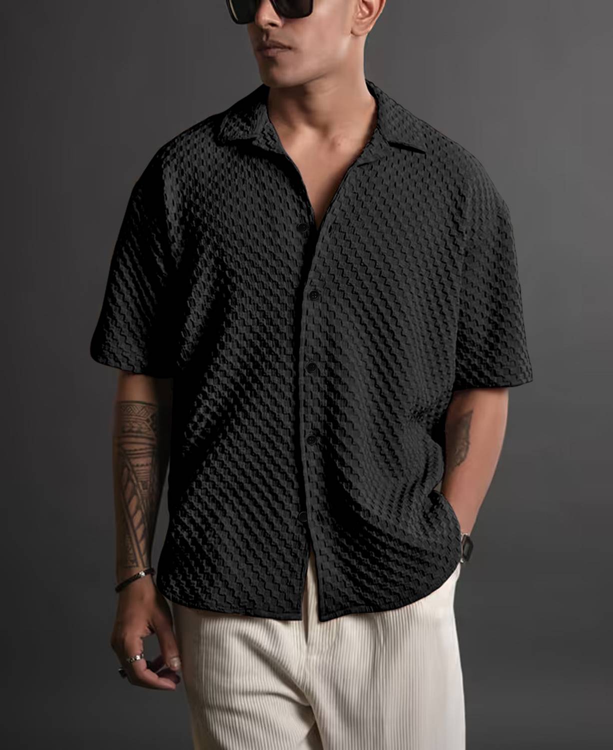 AANKLAR Men Self Design Casual Black Shirt