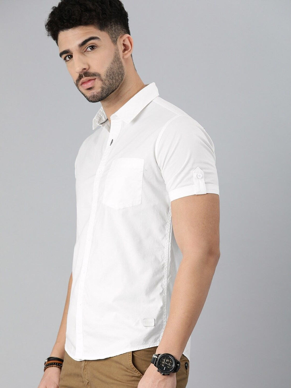 Image of Roadster Men Solid Casual White Shirt
