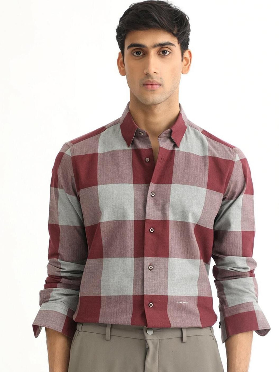 Image of RARE RABBIT Men Checkered Casual Maroon Shirt