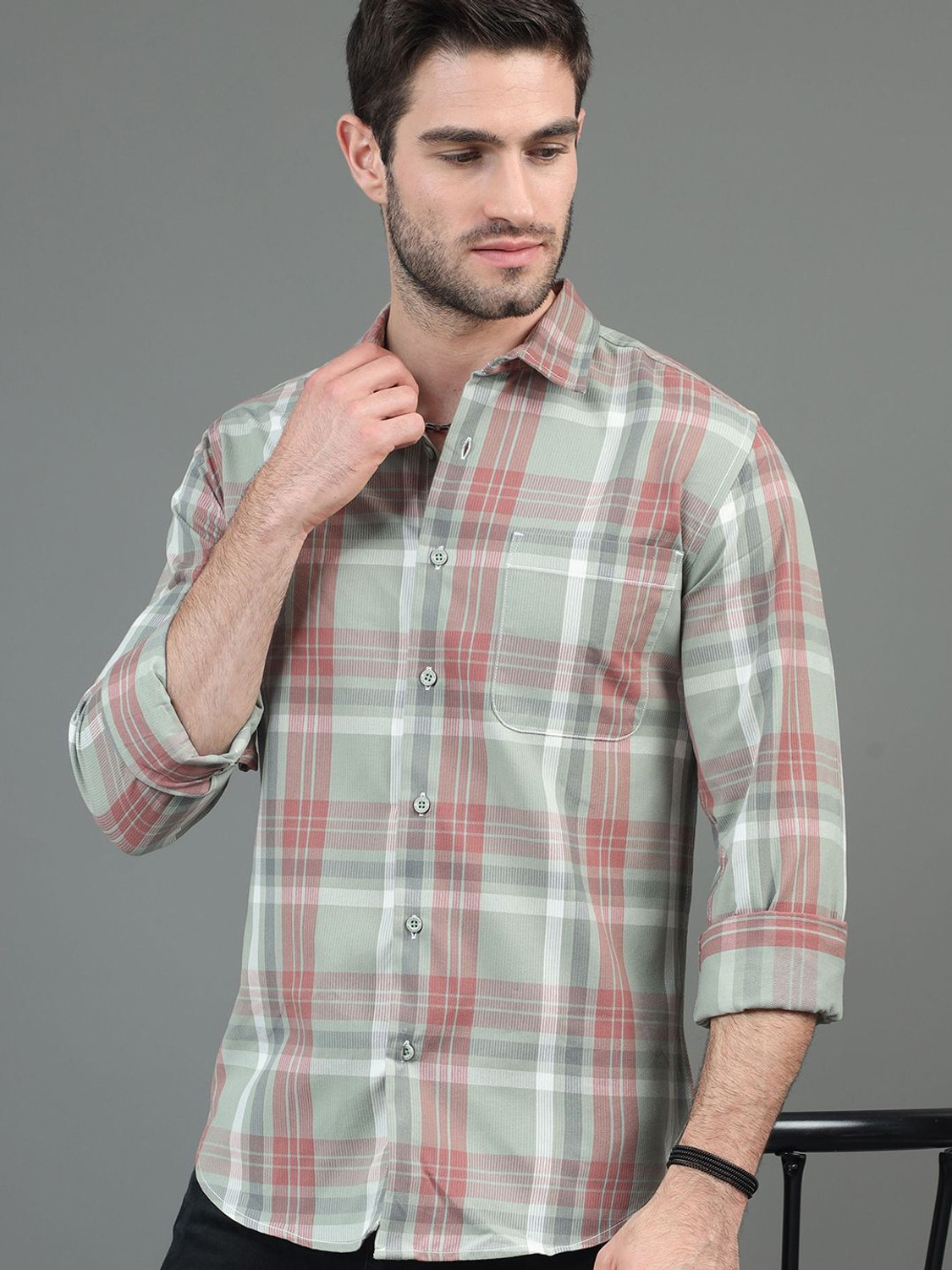 Image of HERE&NOW Men Checkered Casual Green, Pink Shirt
