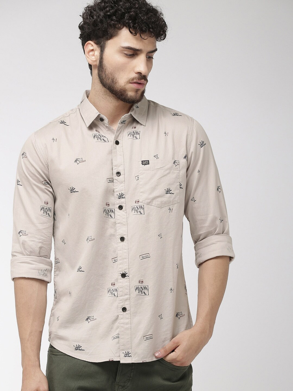 Image of The Indian Garage Co. Men Printed Casual Grey Shirt