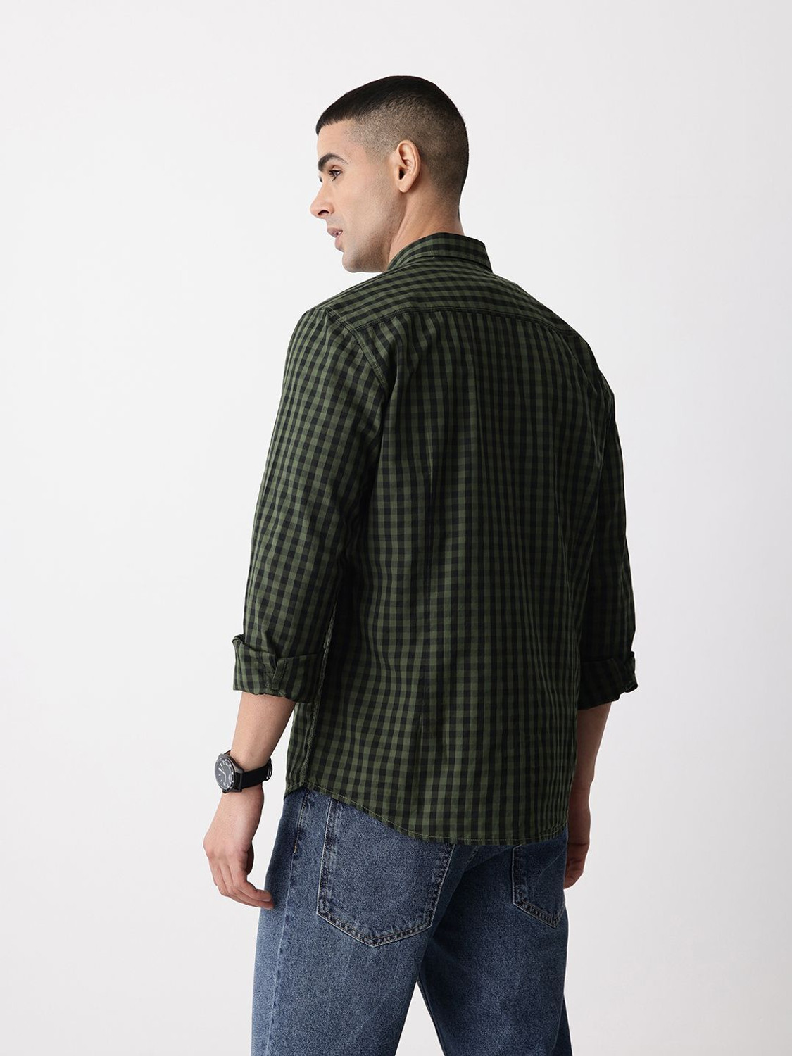 Image of Mast & Harbour Men Checkered Casual Green Shirt