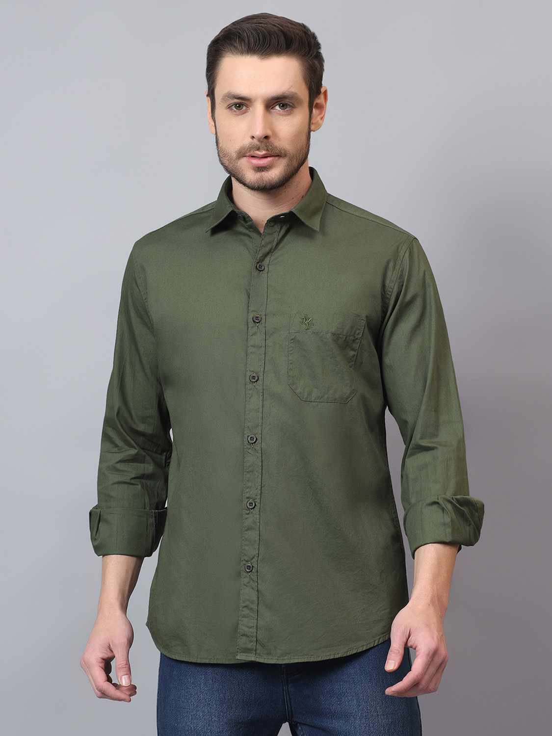 Image of CANTABIL Men Solid Casual Green Shirt