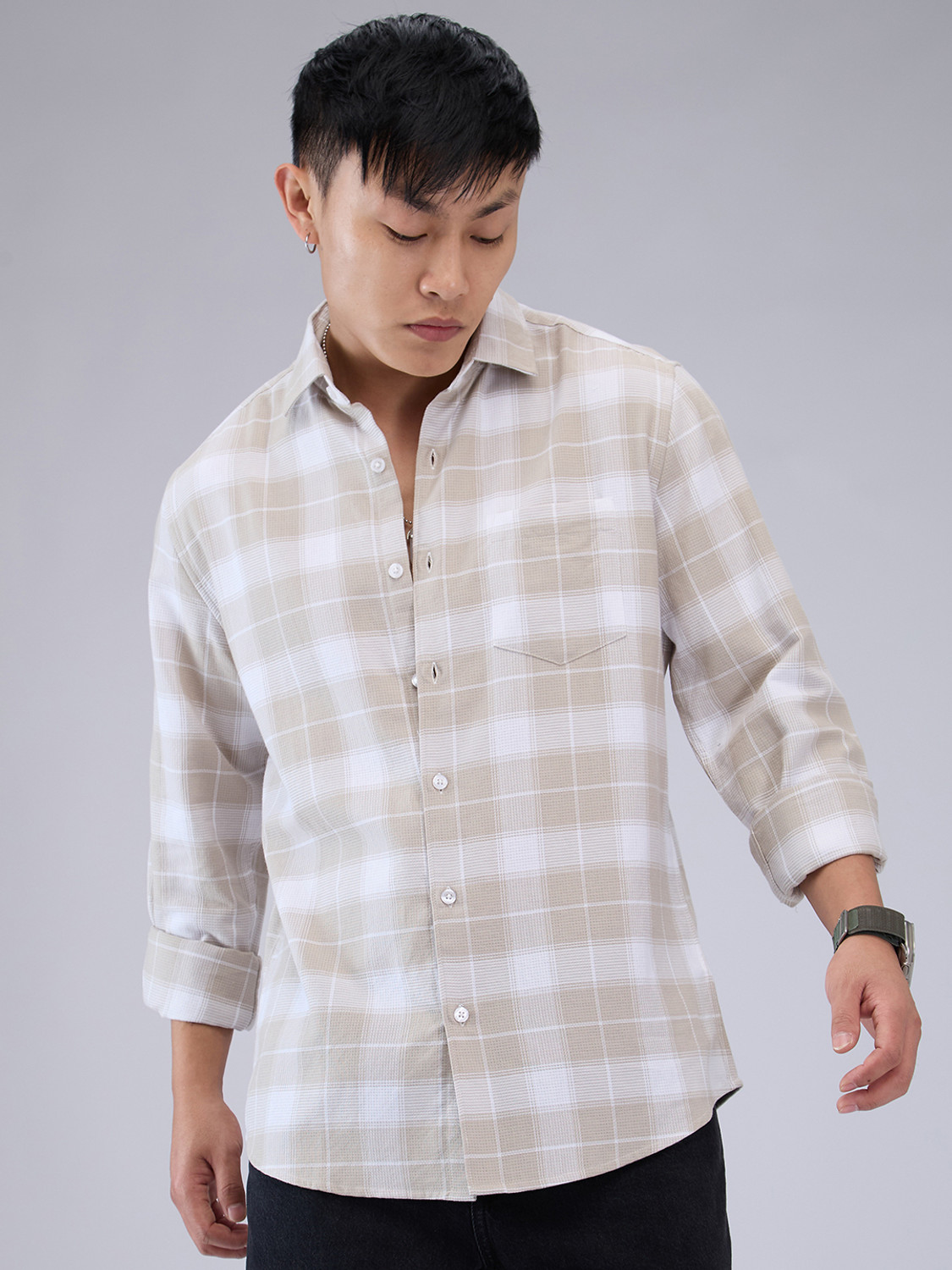 Image of VASTRADO Men Checkered Casual Beige Shirt