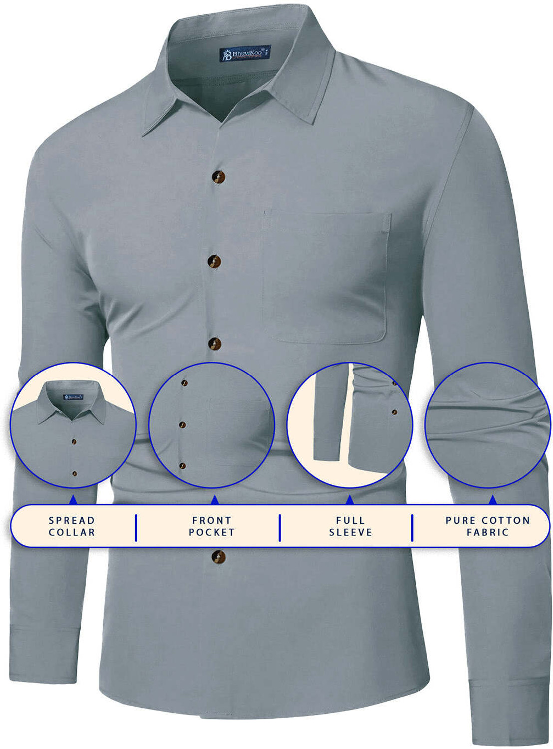 Image of BHUVIKOO Men Solid Casual Grey Shirt