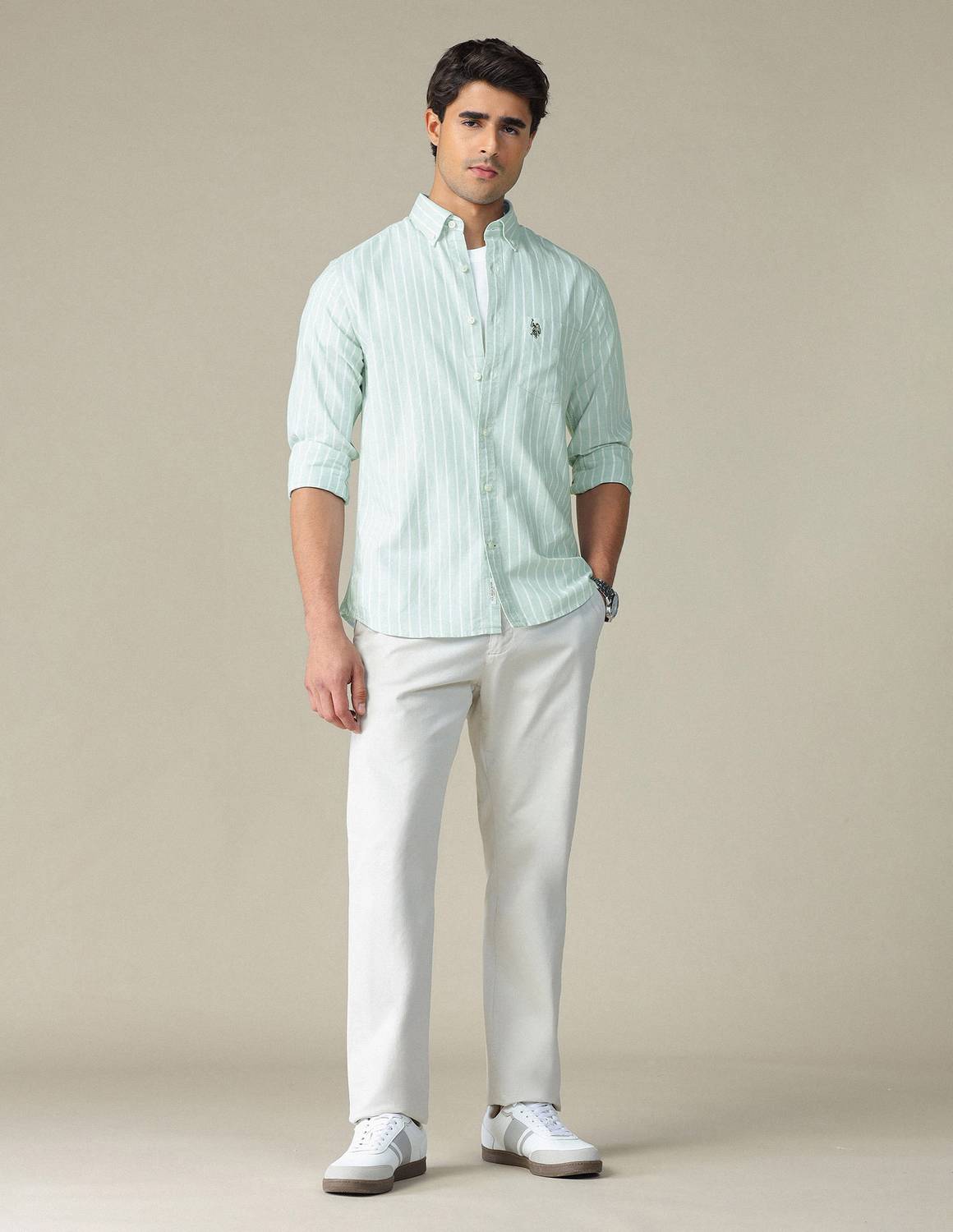 U.S. POLO ASSN. Men Green Striped Casual Shirt - Image 5