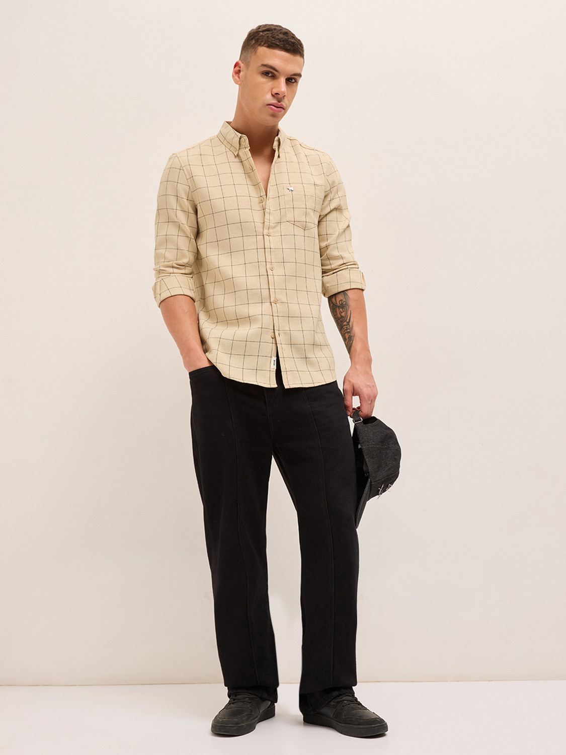 Image of THE BEAR HOUSE Men Checkered Casual Cream Shirt