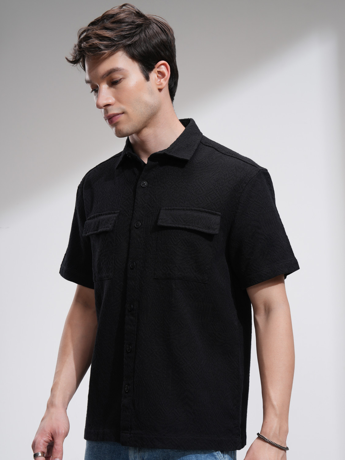Image of HIGHLANDER Men Self Design Casual Black Shirt
